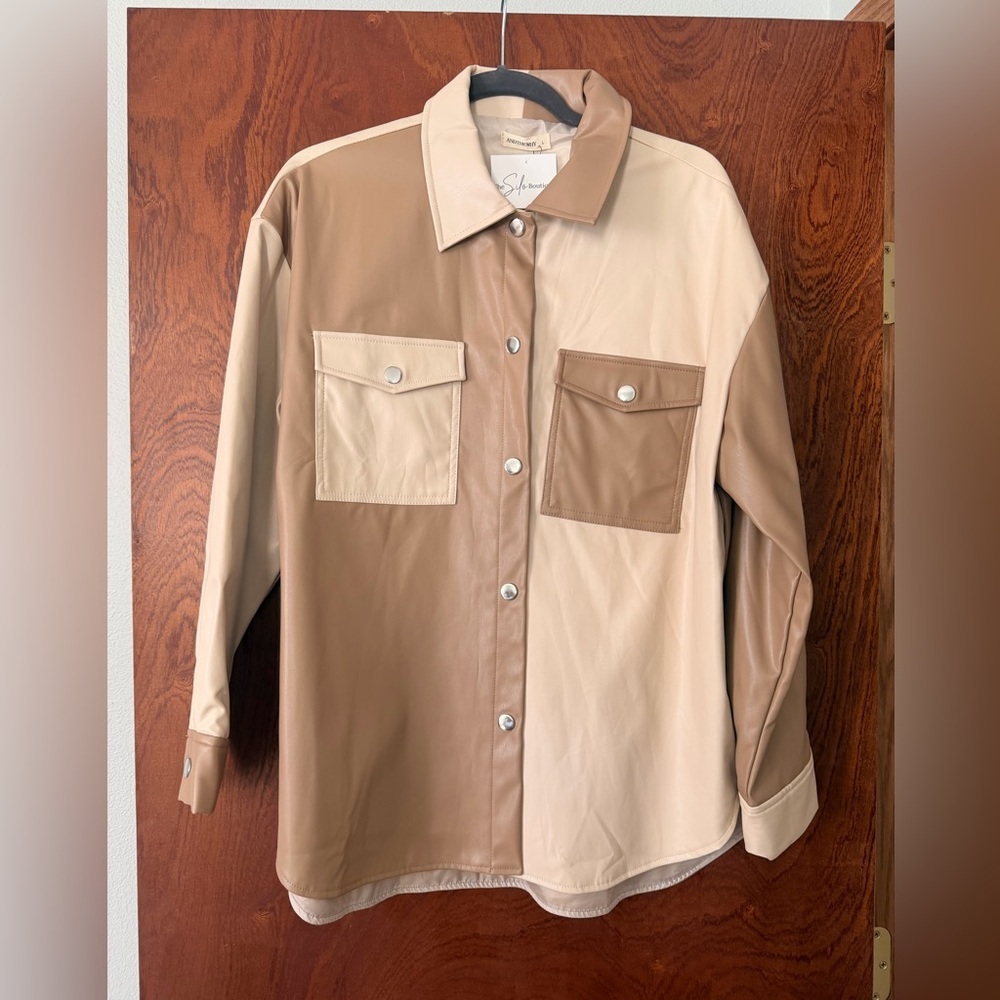 Chic Two-Tone Leather Shirt Jacket